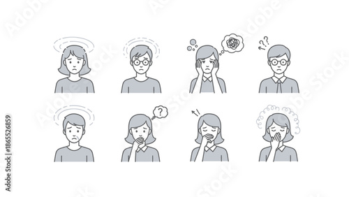 Illustrations of people experiencing various symptoms of illness, stress, and discomfort, including dizziness, headaches, confusion, nausea, and general malaise.