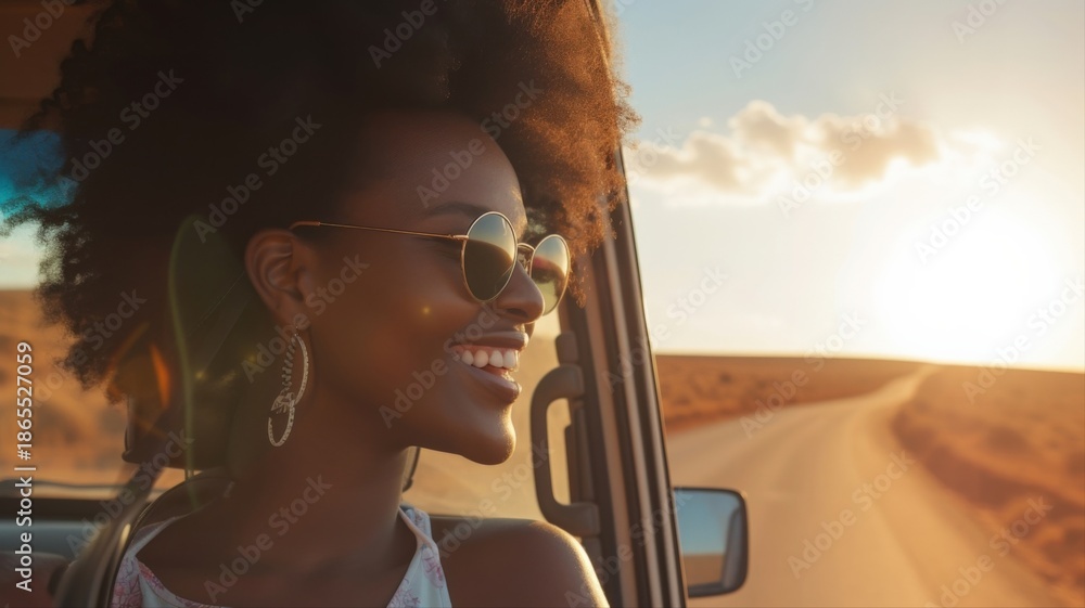 Naklejka premium Carefree African American Woman Enjoys Road Trip Adventure at Sunset, Embracing Freedom and a Sense of Wanderlust
