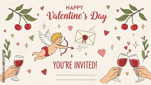 A charming Valentine's Day invitation card illustration featuring Cupid, two hands toasting with red wine glasses, flying hearts, cherries, and decorative elements.