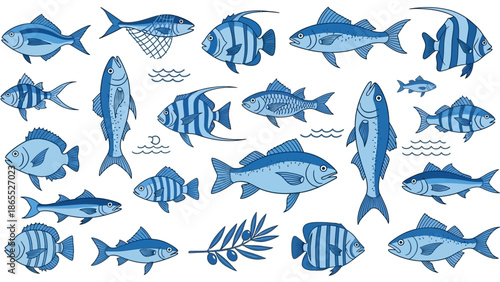 A collection of various blue fish illustrations, including striped and solid patterns, with some small wave icons and an olive branch.