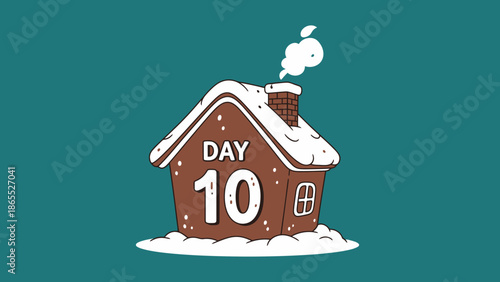 Cartoon gingerbread house with snow and 'DAY 10' text on a teal background, evoking a festive or advent calendar theme.