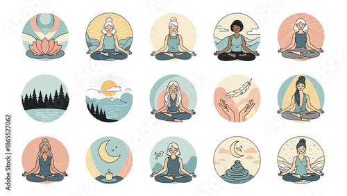 Collection of circular illustrations featuring women meditating in various yoga poses with natural and spiritual elements like lotus flowers, mountains, and celestial bodies in a soft pastel palette.