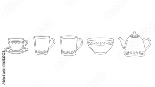 Line art illustration of various ceramic kitchenware items including a teacup, mugs, a bowl, and a teapot with decorative patterns.