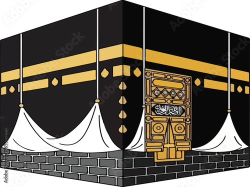 Black and Gold Kaaba Vector Illustration isolated on white. Holy site of Mecca for Islamic pilgrimage Hajj.