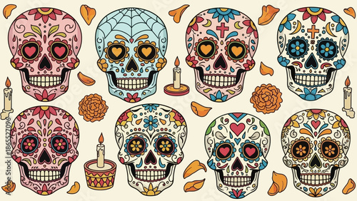 A vibrant collection of eight intricately decorated sugar skulls, also known as calaveras, adorned with colorful floral patterns, hearts, and traditional motifs for Dia de los Muertos celebrations.