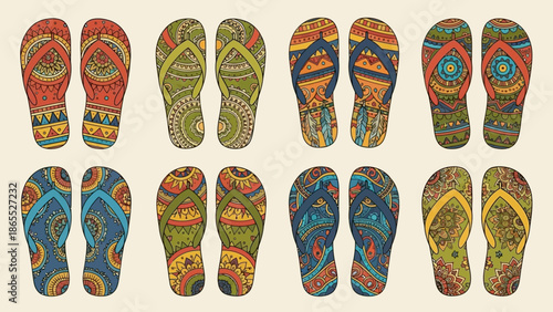 Collection of colorful flip-flops with intricate bohemian and mandala-inspired patterns, viewed from above.
