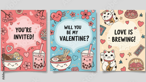 Three cute Valentine's Day cards featuring kawaii food and characters, with messages like 'You're Invited!', 'Will You Be My Valentine?', and 'Love is Brewing!'.