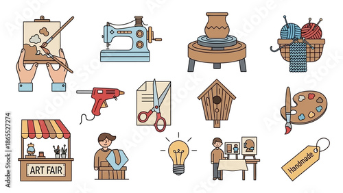 A collection of colorful icons representing various creative hobbies and crafts, including painting, sewing, pottery, knitting, and art fairs.