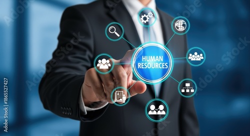 Human Resources Management Concept: Businessman Navigating HR Functions with Digital Interface and Modern Technology