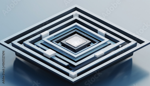 Wallpaper Mural Abstract 3D render of a geometric square maze or labyrinth pattern with a central glowing element, featuring shades of blue, gray, and white, creating a modern and futuristic design. Torontodigital.ca