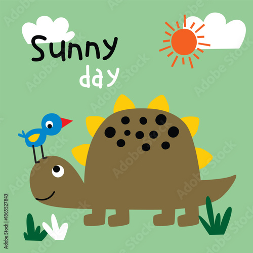 Cute dinosaur character being illustrated walking happily under sunny day sky. Kids nature concept
