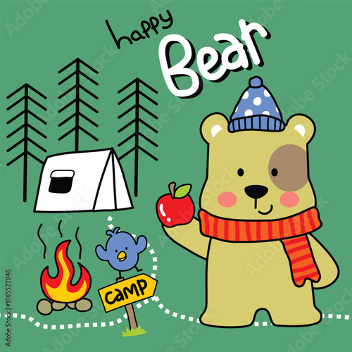 Happy bear character being illustrated holding apple at cozy forest camping scene. Kids outdoor concept

