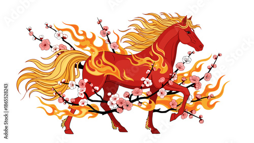 Vibrant red horse with flowing mane and cherry blossoms
