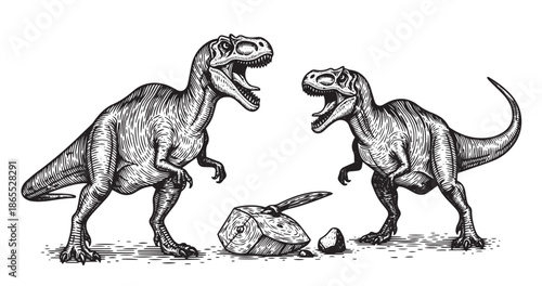Dinosaur battle artwork illustrated in bold vintage engraving