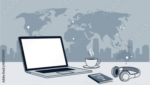 Laptop computer with coffee cup and headphones on a desk 