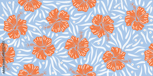 Beautiful tropical floral pattern fashion, creating a gentle, vintage, soft look. Sweet hibiscus flower design for summer wear, shirts, sun hats, bags. Seamless hibiscus floral print. blue color.