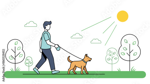 Man walking dog on leash in park on sunny day with trees