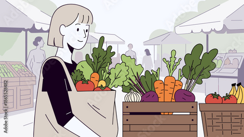 Woman holding bag and standing next to vegetable crates at outdoor market