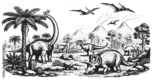 Prehistoric dinosaur landscape scene illustrated in antique engraving style