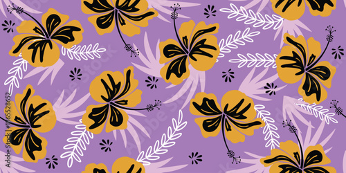 Beautiful tropical floral pattern fashion, creating a gentle, vintage, soft look. Sweet hibiscus flower design for summer wear, shirts, sun hats, bags. Seamless hibiscus floral print. purple color.