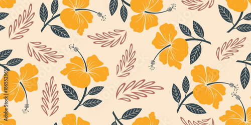 Beautiful tropical floral pattern fashion, creating a gentle, vintage, soft look. Sweet hibiscus flower design for summer wear, shirts, sun hats, bags. Seamless hibiscus floral print. yellow color. 
