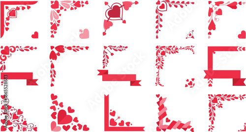 Valentine heart corner frames collection decorative romantic flat vector set on transparent background