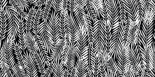 Palm leaf pattern, coconut leaf design, beautiful minimalist seamless pattern, monochrome black and white color scheme, cool and stylish leaf design. Motif for Hawaiian shirt, Aloha shirt in summer.