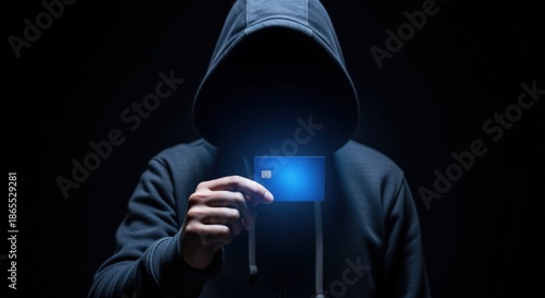 Anonymous hooded figure holding a blue credit card, representing financial cybercrime and digital security threats © The Little Hut