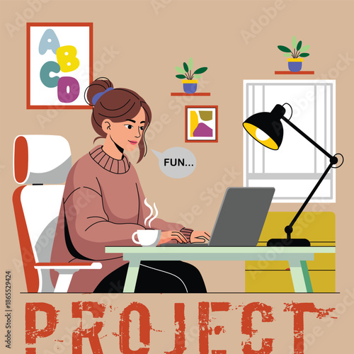 Woman being illustrated working on laptop at home desk workspace. Business concept
