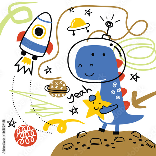 Cute dinosaur character being illustrated with rocket and playful space elements. Education concept
