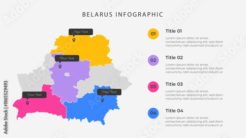 Belarus map infographic template with 4 options. Belarus political map infographic for presentation.
