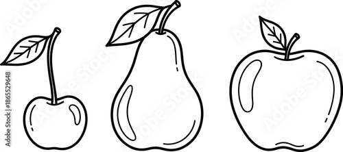 Minimalist black and white line art vector illustration set of cherry pear and apple isolated on white background.