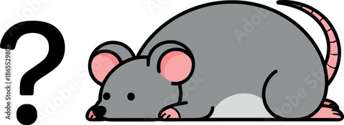 Minimalist grey mouse icon in a crouching pose with a question mark symbol for inquisitive character design.