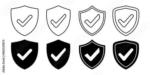 Set Shield with Check Icon, a symbol of security, trust, and protection. Modern design isolated on a white background.