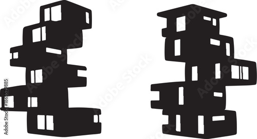 Black Silhouette of Abstract Buildings with White Windows