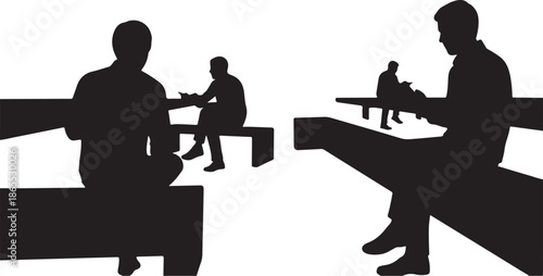Silhouettes of people sitting on benches in a public space