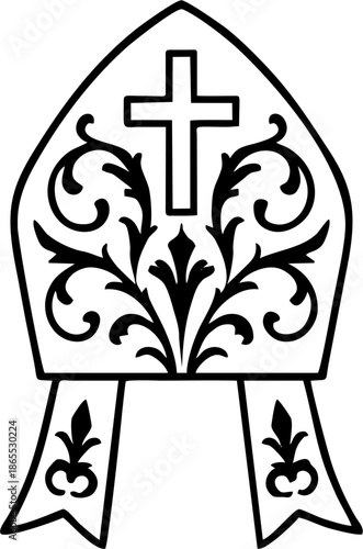 Black Line Art Bishop Mitre with Central Cross Ornamental Filigree Floral Design and Ribbons Vector