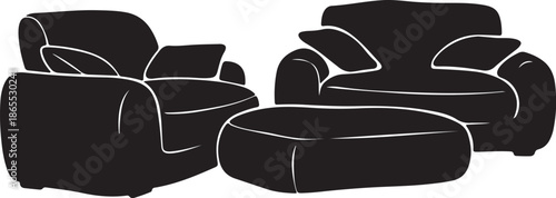 Modern black sofa set with ottoman and pillows