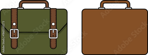 Professional green satchel and brown minimalist briefcase vector illustration set isolated on white background for business office icons.