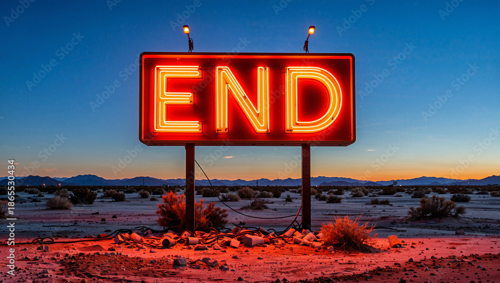 Fototapeta premium Neon End Sign in Desert at Sunset
