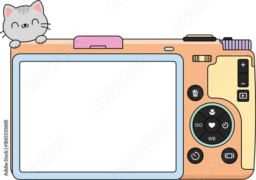 Cute Cat Peeking Over Orange Digital Camera