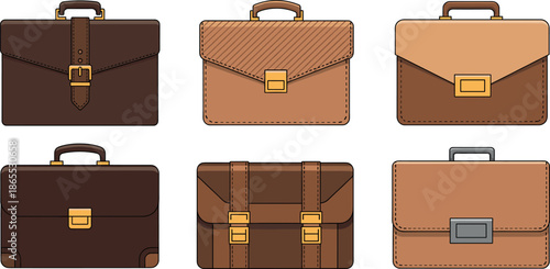 Professional set of executive leather briefcase icons featuring various business bags with metal buckles and stitching for career and office design.
