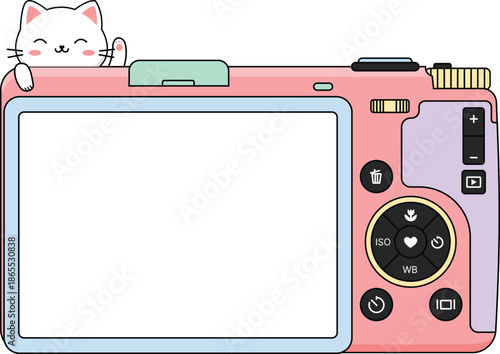 Cute Kawaii Cat Peeking Over Pink Digital Camera