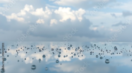 Close-Up of Water Droplets Reflecting Sky and Clouds