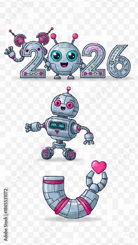 Cute Robot Numbers 2026 New Year Vector