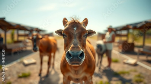 Close-Up of Curious Cow in Rural Farm Setting with People