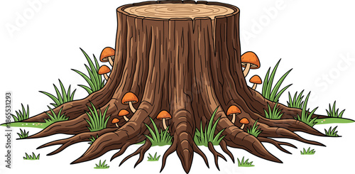 Rustic tree stump illustration featuring forest mushrooms and green grass isolated on white for nature and woodland designs.