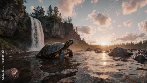 Turtles Journey - A Serene Waterfall Encounter at Sunset.