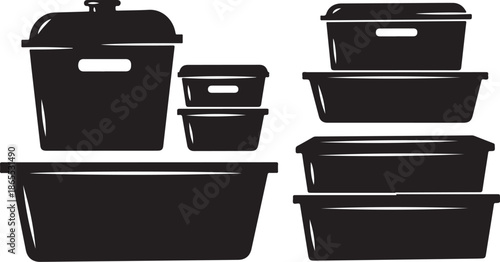 Black plastic containers for food storage and organization