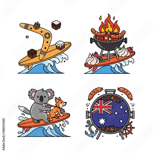A collection of four cartoon illustrations depicting Australian culture, including surfing boomerangs, barbecues, koalas, dingos, and the national flag.